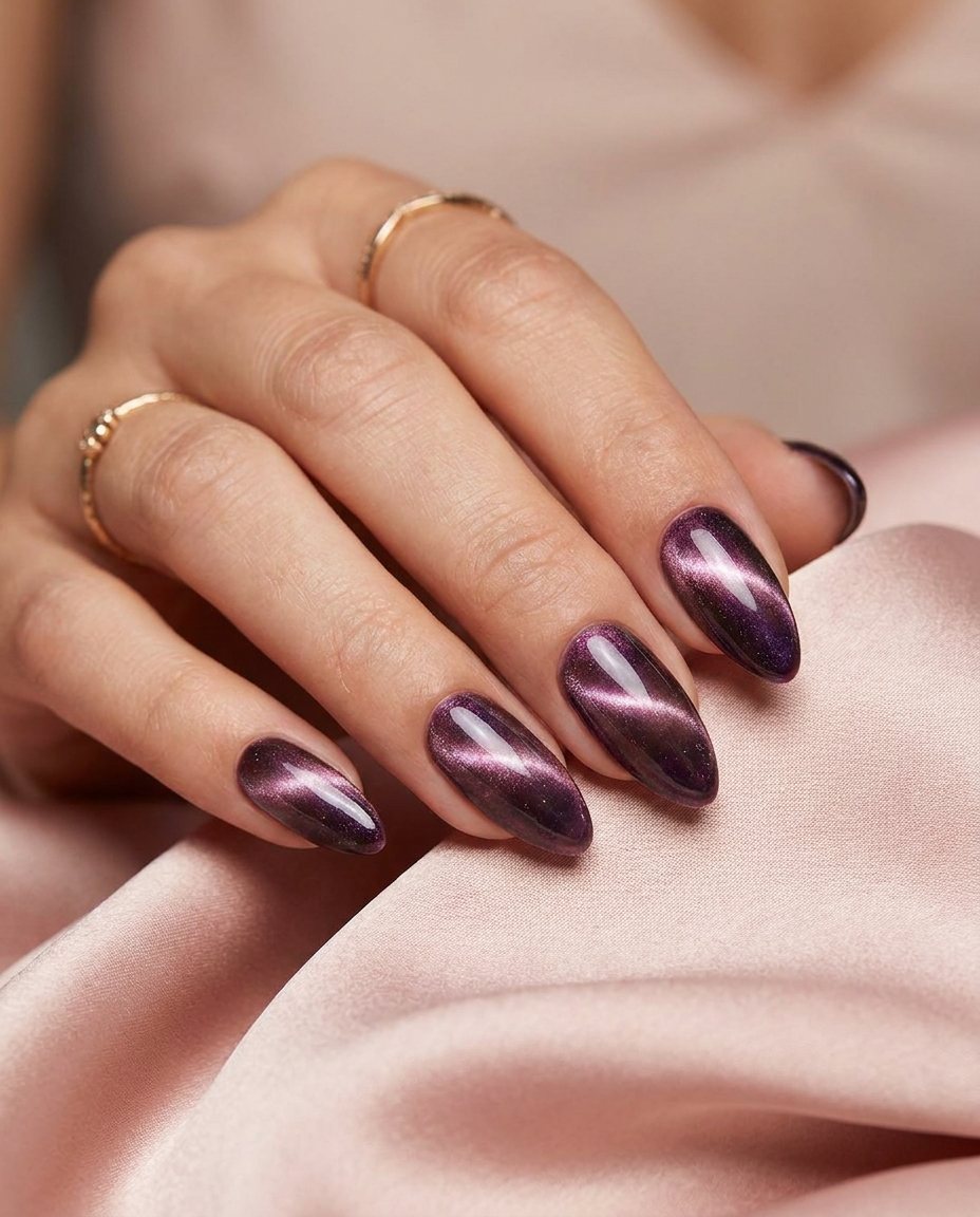 Nagels met een magnetische cat-eye gellak in een diepe plum tint