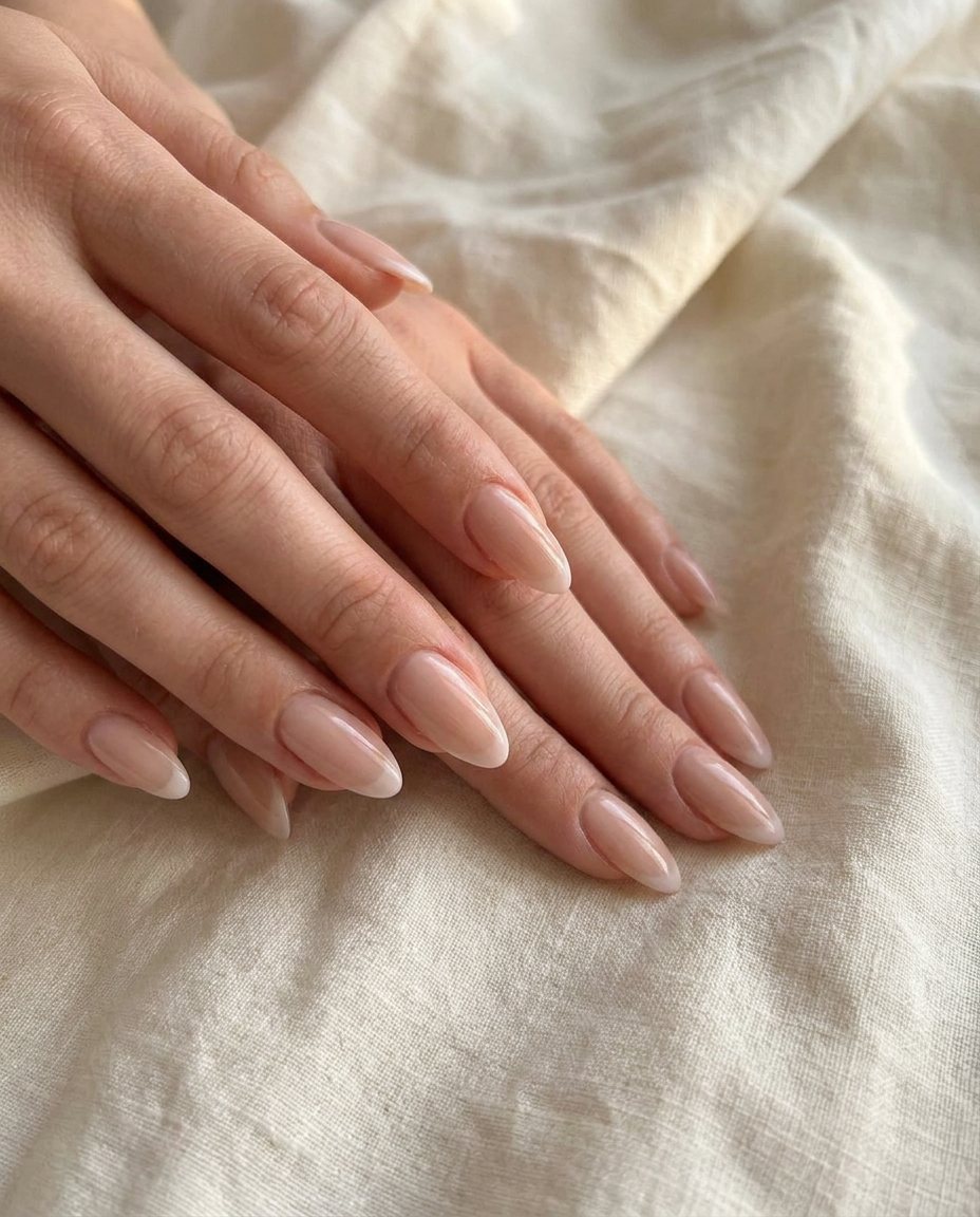 Glanzende acrylnagels in amandelvorm met een zachte French